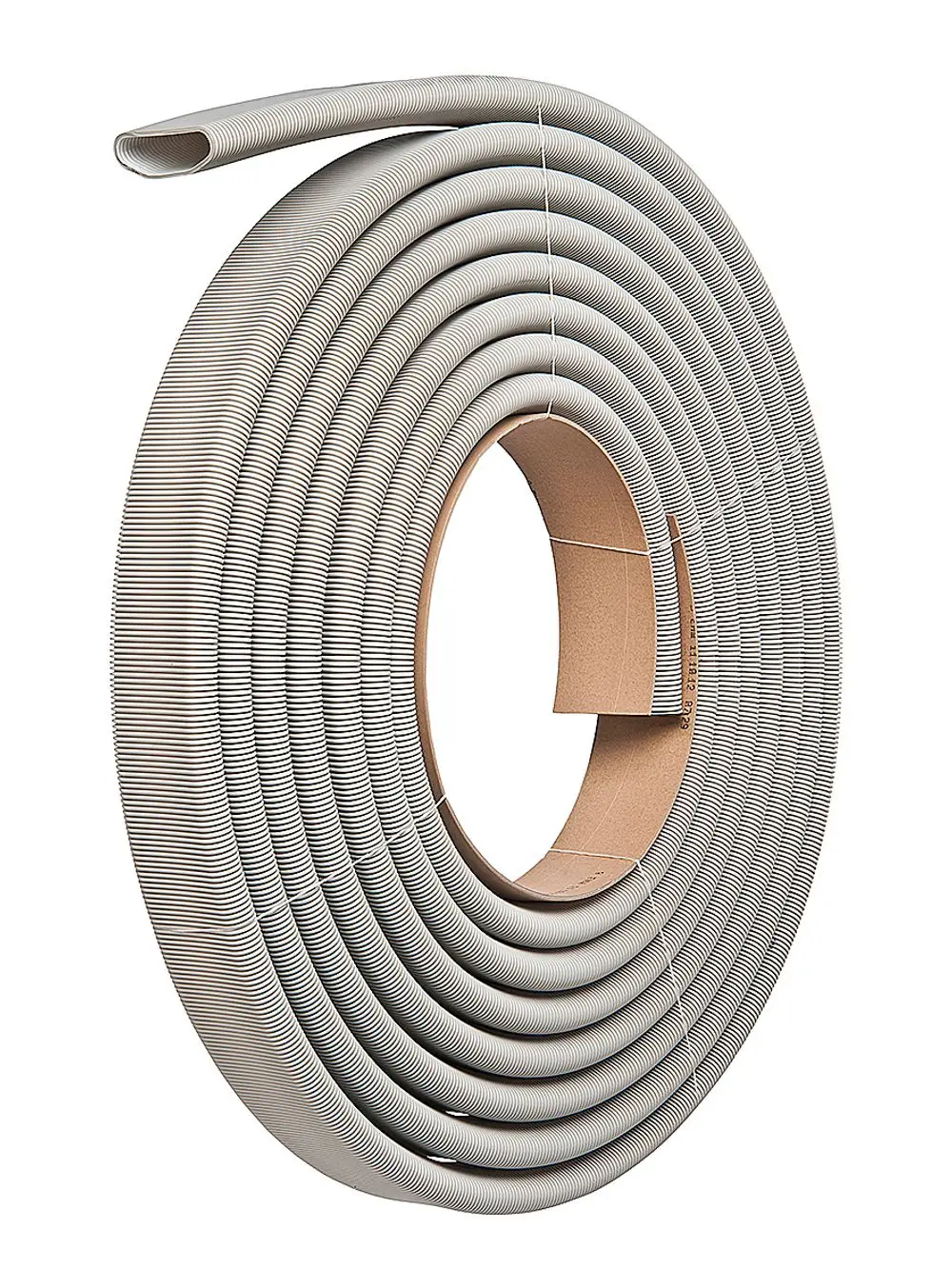 Grauer flexibler Schlauch, aufgerollt, mit Rillen. Geeignet für Luftführungssysteme. Produkte von Fränkische sind bekannt für ihre Qualität in der HVAC-Branche.